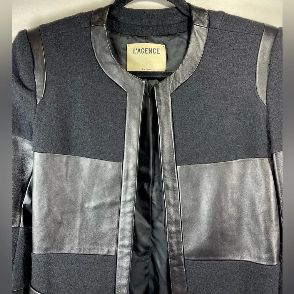 NWOT L’Agence Women’s Harper Leather and Wool Contrast Blazer in‎ Black Size 2